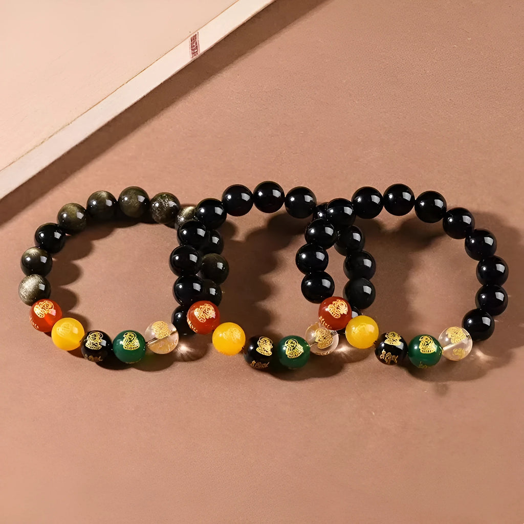 Single Circle Five Gods Of Wealth men's obsidian bracelet with rainbow eye and gold obsidian beads