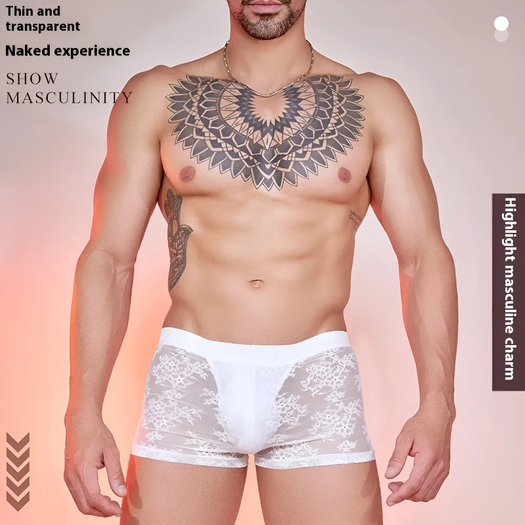 Nylon lace trim men's boxers in black, red, or white, shown in free size.