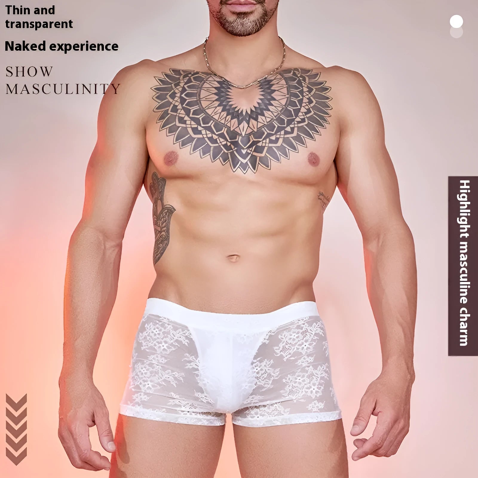 Nylon lace trim men's boxers in black, red, or white, shown in free size.