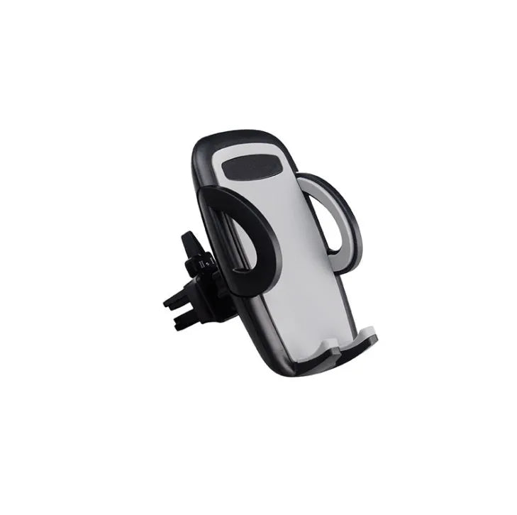 Black car phone holder clipped to air conditioning vent with smartphone secured in adjustable bracket