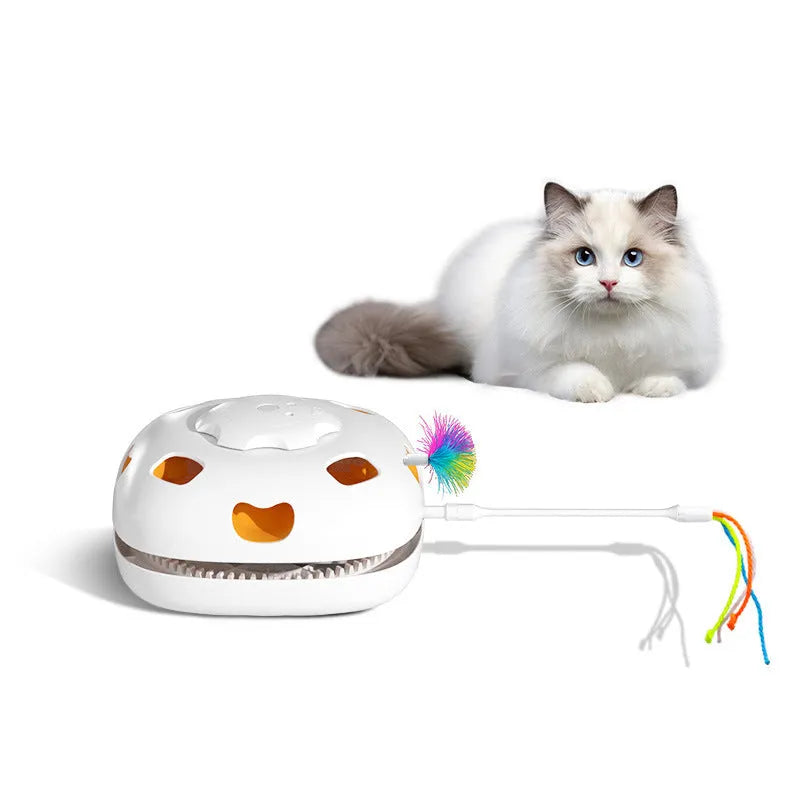 Coloured plastic self-grooming cat teaser toy with a rotating ball for interactive play.