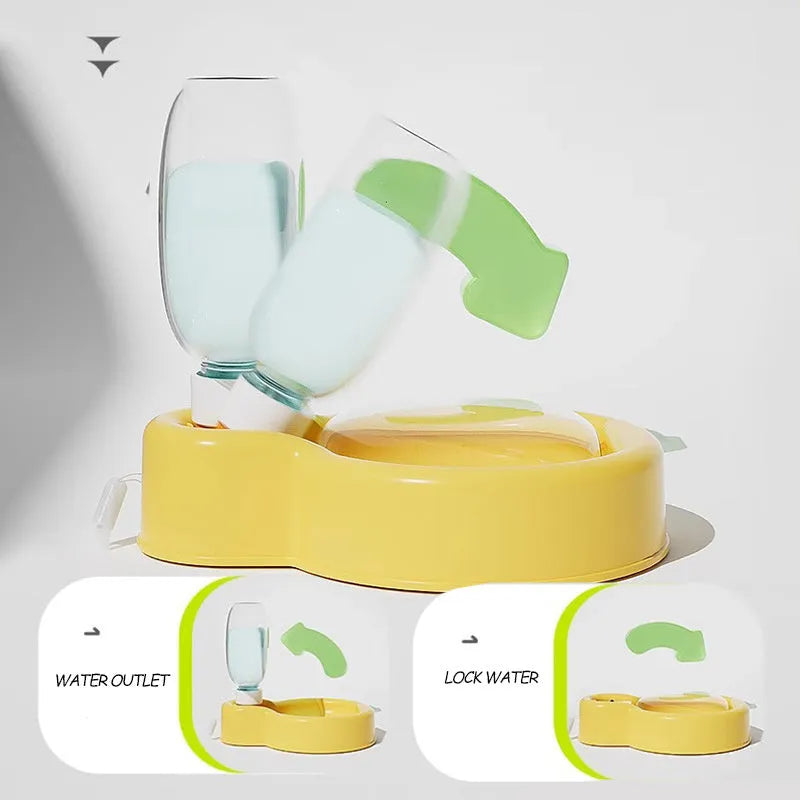 Green portable dog water bottle with pull-out drinking bowl on grass, showing travel cup design.