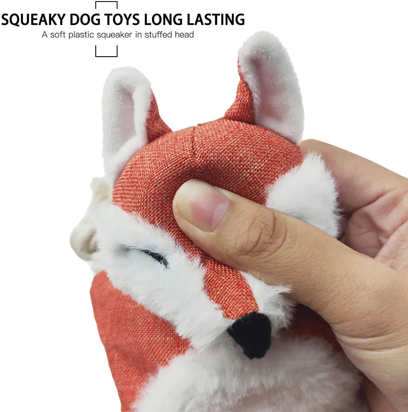 Brown fox dog toy with squeaker and crinkle paper, cotton rope arms and legs, embroidered eyes
