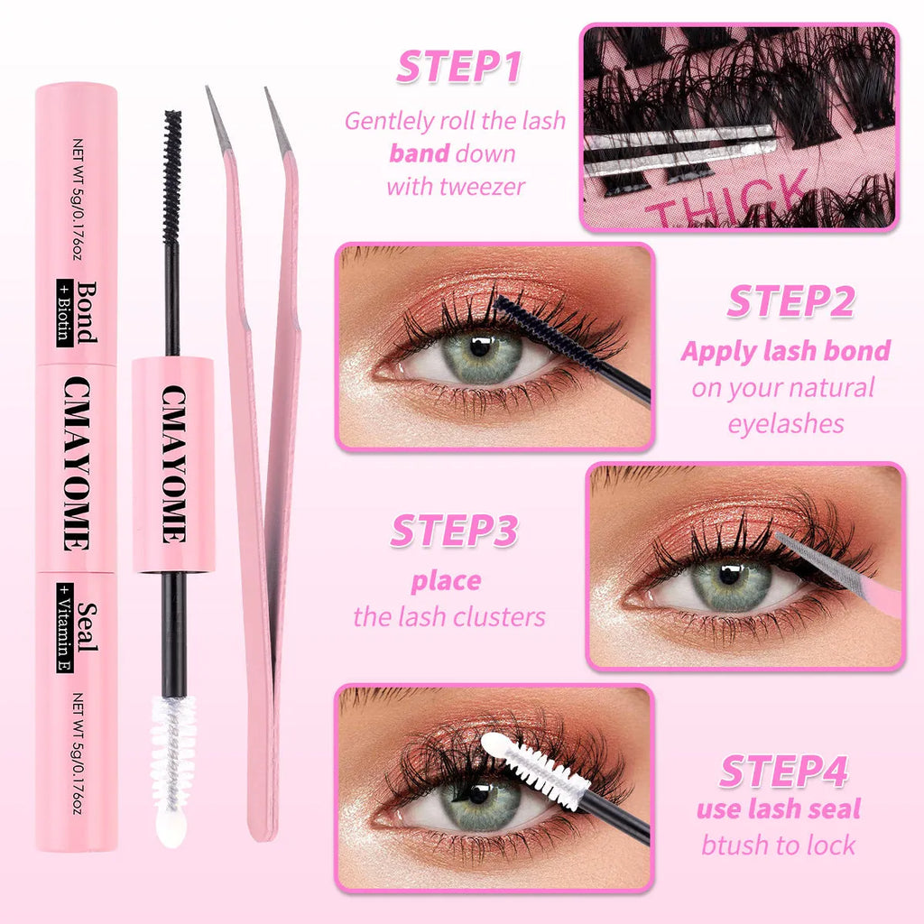 DIY false eyelash extension kit showing single cluster segments and professional tweezers for custom application