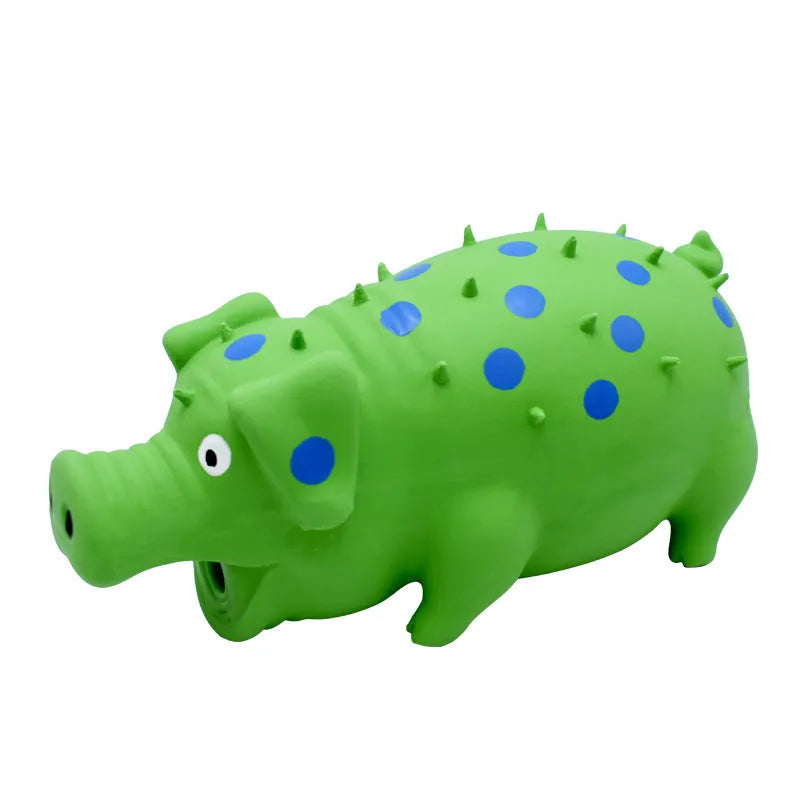 Blue latex pig-shaped dog chew toy with textured surface and squeaker for aggressive chewers