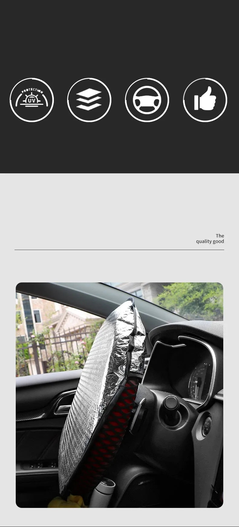 Car steering wheel sunshade cover in aluminium foil with brand LOGO pattern for universal fit heat protection