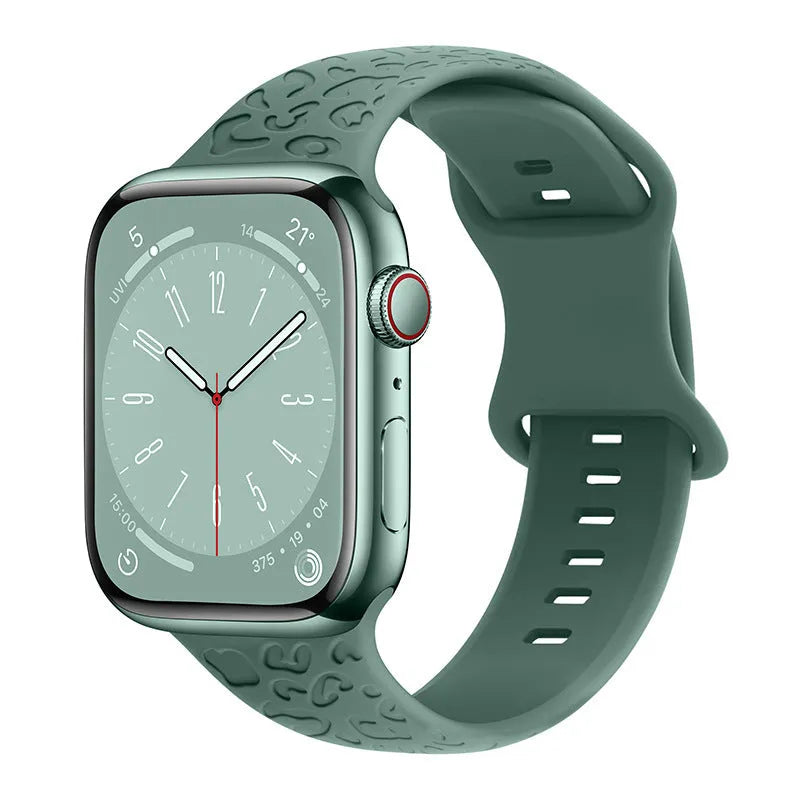 Silicone watch strap for Apple Watch with leopard print pattern, 8-word buckle, universal fit 38-49mm