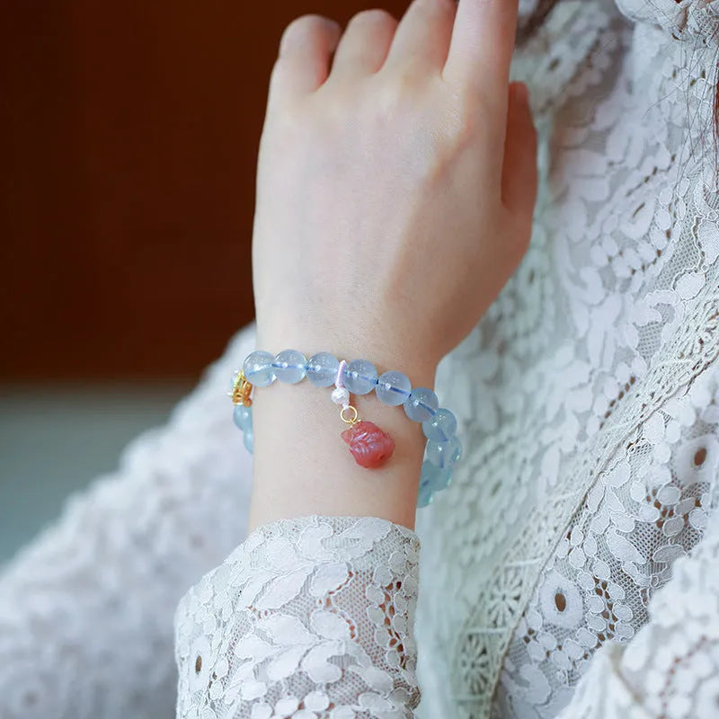 Women's aquamarine Fengjiu DIY bracelet with pink crystal fastening, Chinese style design