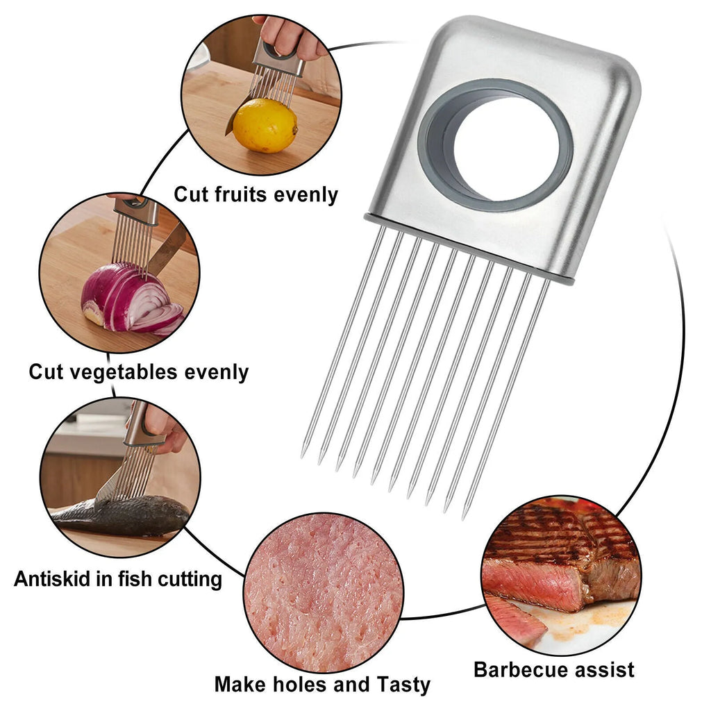 Stainless steel onion holder slicer with prongs and finger guard on a chopping board
