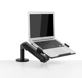 Silver aluminium alloy computer stand with hover bracket design supporting a laptop