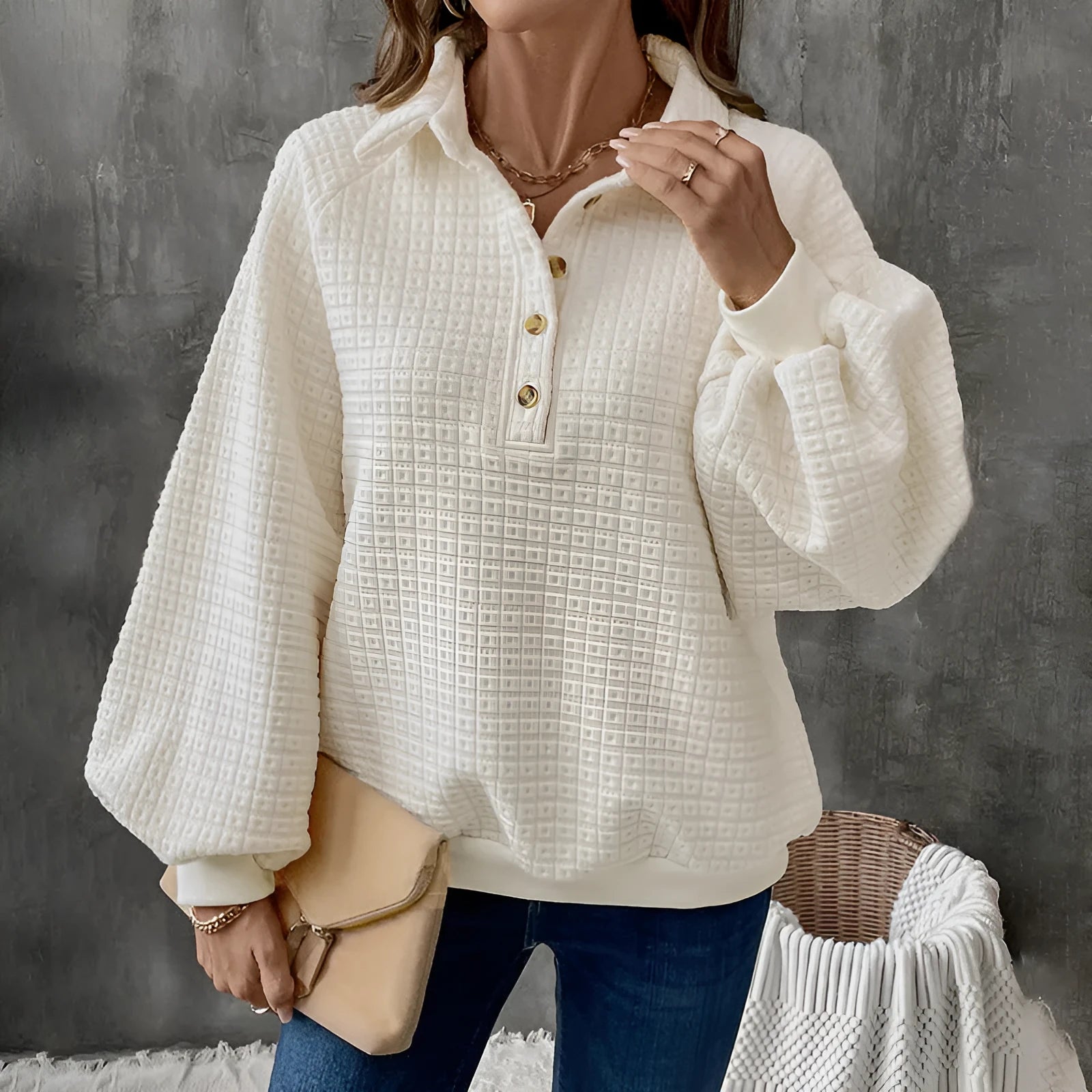 Women's polo collar sweater in solid milky white colour with long sleeves
