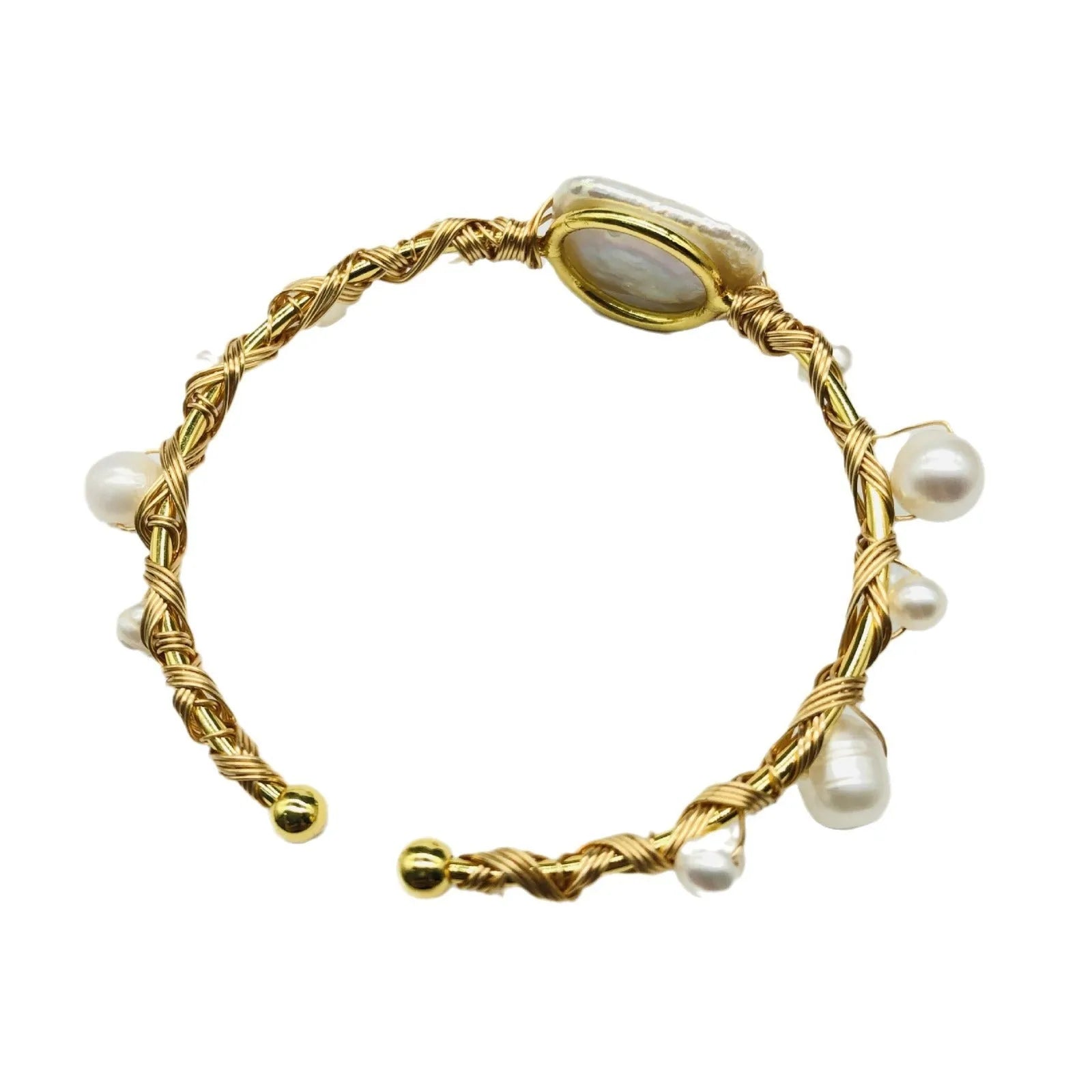 Natural freshwater pearl handmade wire-wrapped bracelet in gold titanium steel on wrist
