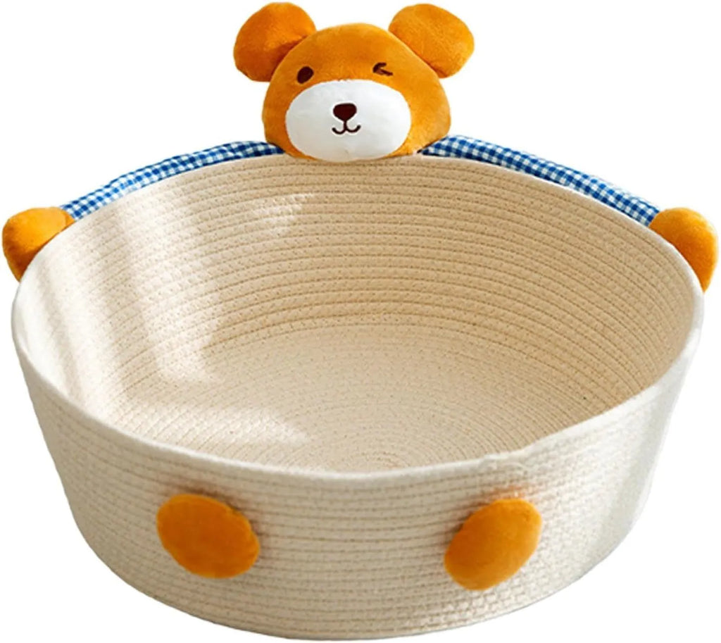 Cotton rope woven cat bed basket with integrated scratching pad in bear design