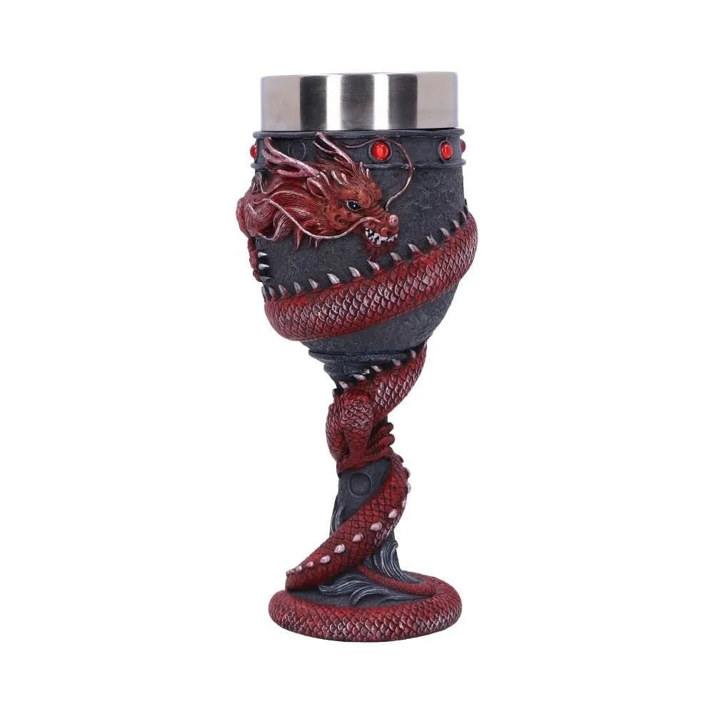 Chinese dragon design red wine glass with 3D stainless steel detailing and 200ml capacity in gold colour