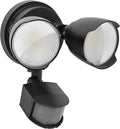 White LED security flood light with motion sensor for outdoor courtyard or garage installation
