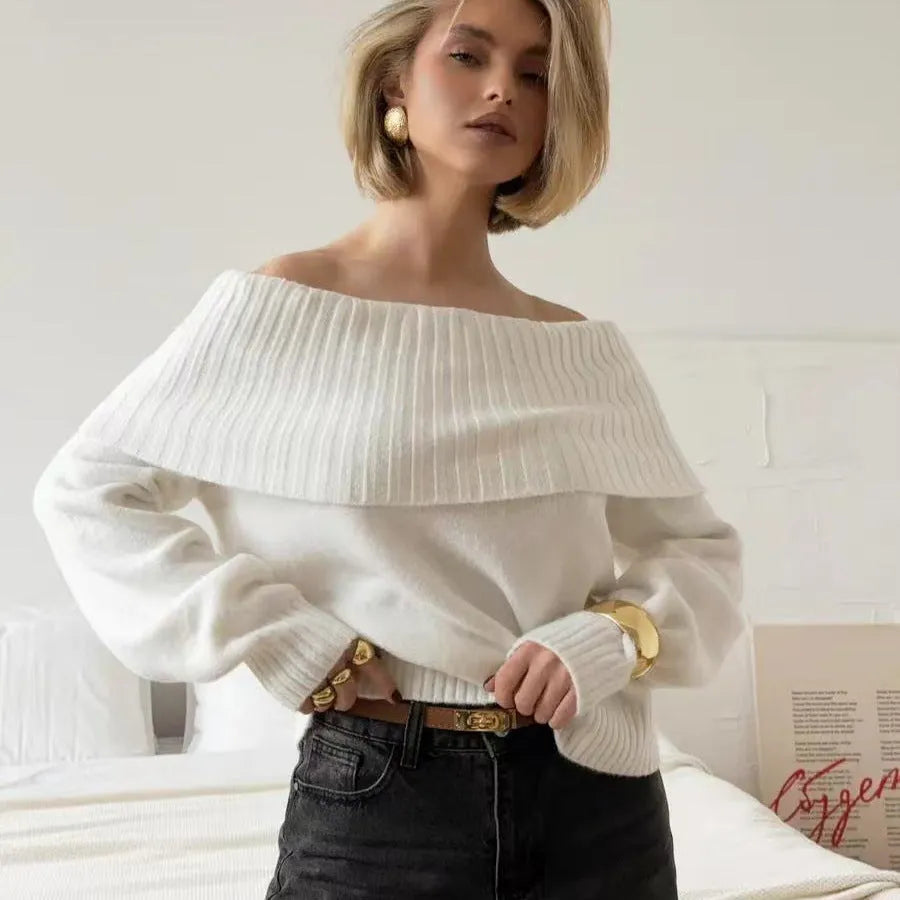 Off-the-shoulder women's sweater with 3D pattern in grey, white, or wine red colour options