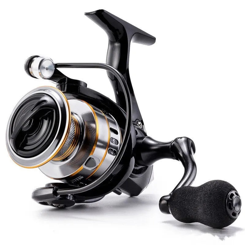 RY series spinning fishing reel with all-metal lure mechanism and black EVA grip handle.