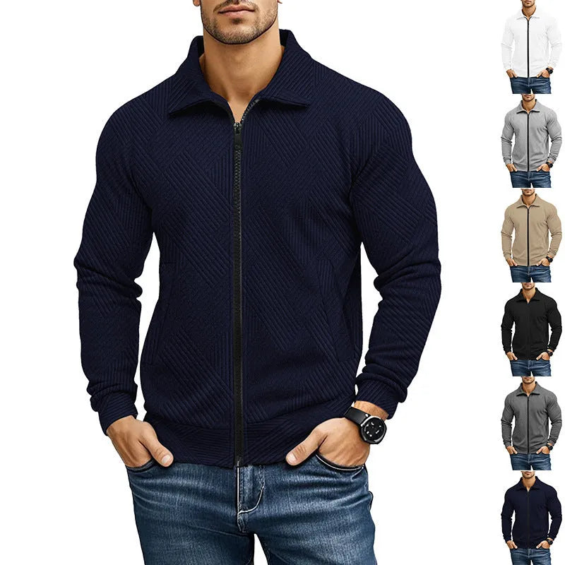 Men's solid colour cotton blend British style jacket with turn-down collar on a hanger.