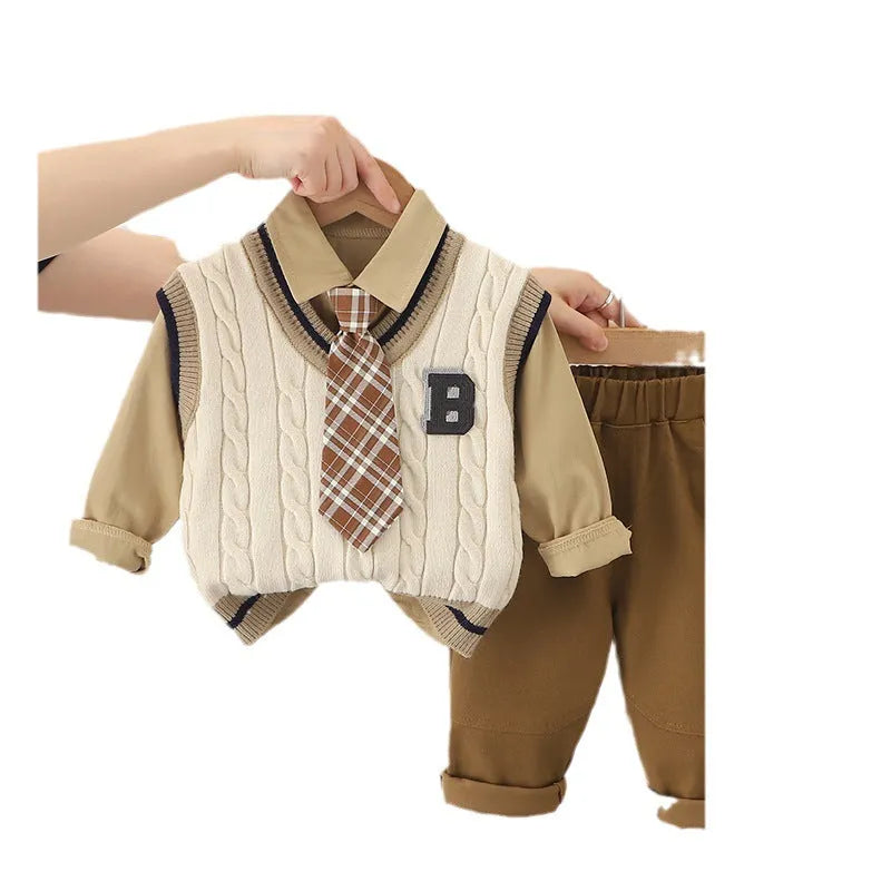 Boys autumn cotton three-piece suit set with vest tie in beige