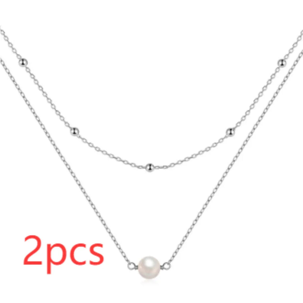 Sterling silver double layer necklace with twin pearls on ball bead chain in gold or white gold plating