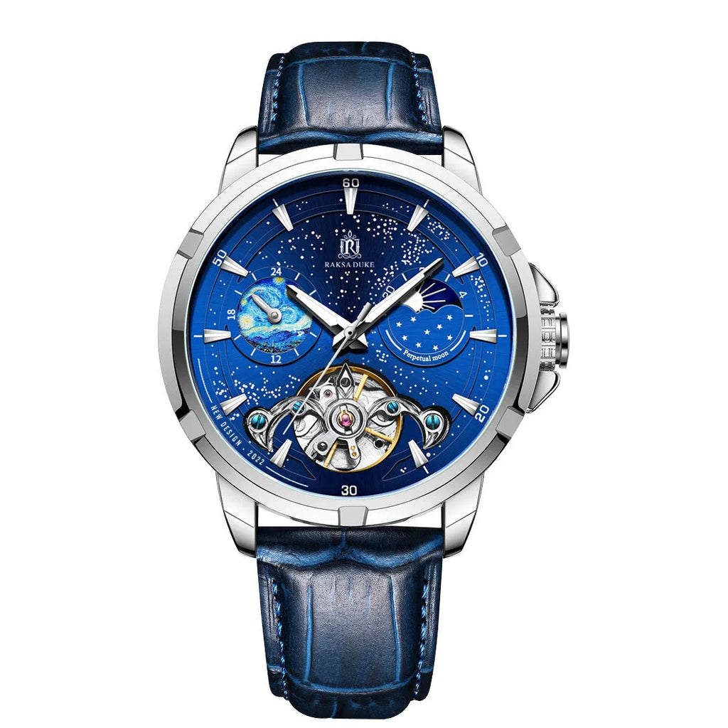 Men's T885B Blue automatic mechanical wristwatch with stainless steel case on wrist.