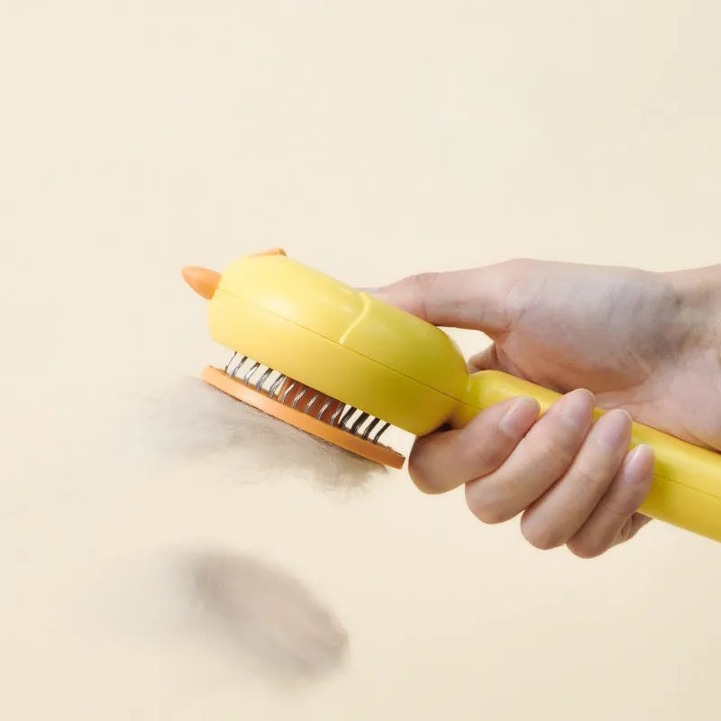 Purple white or yellow self-cleaning pet grooming brush with stainless steel bristles for cats and dogs