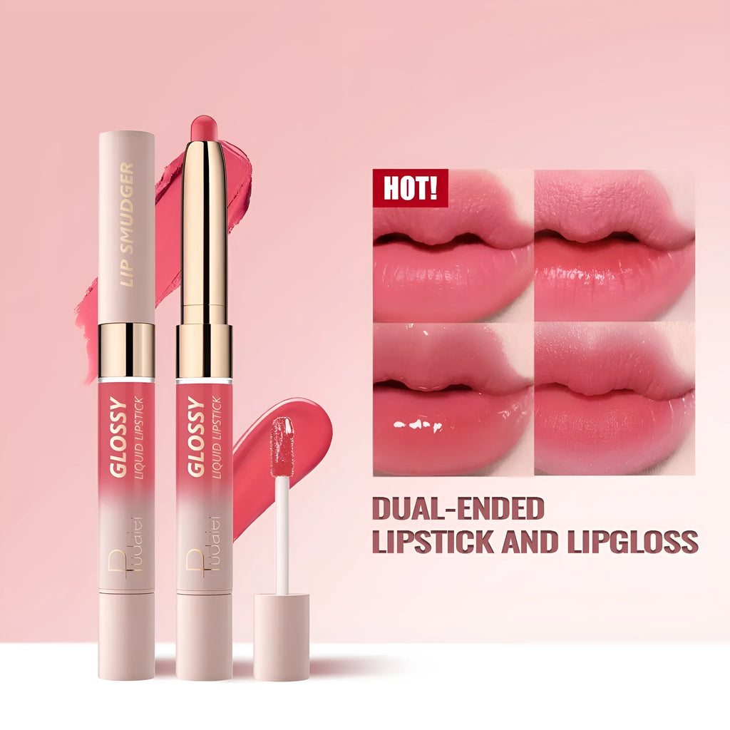 Double-headed matte lipstick showing two complementary colours on opposite ends