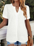 White V-neck t-shirt with hollow French style details and loose casual fit