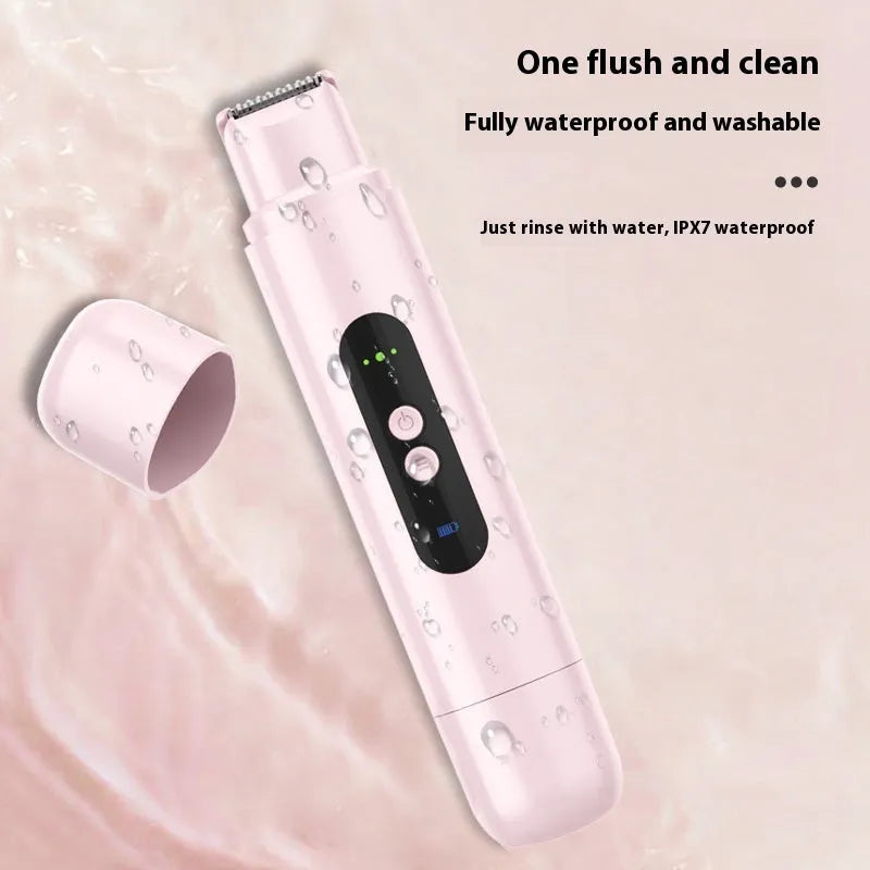 Pink and white portable electric armpit hair trimmer with USB charging cable on white background