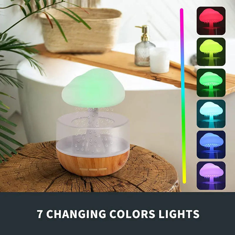White raining cloud mushroom lamp humidifier and aromatherapy diffuser on a desk.