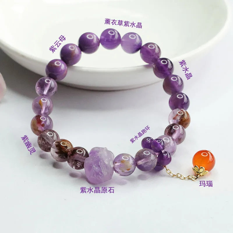 Nine purple fire amethyst and red agate Mori style bracelet with 8mm beads on adjustable cord.