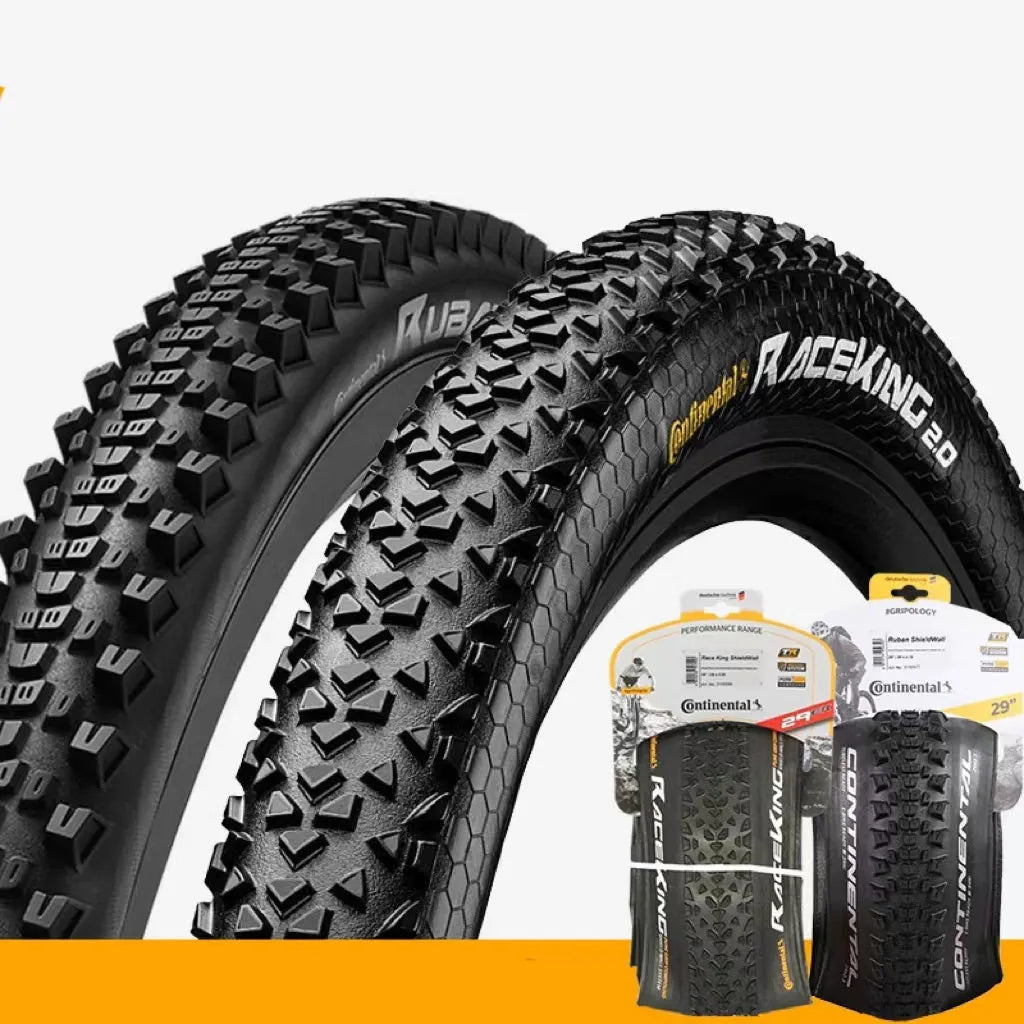 A folding mountain bike tyre in yellow or white, showing tread pattern, available in 26, 27.5 and 29 inch sizes.