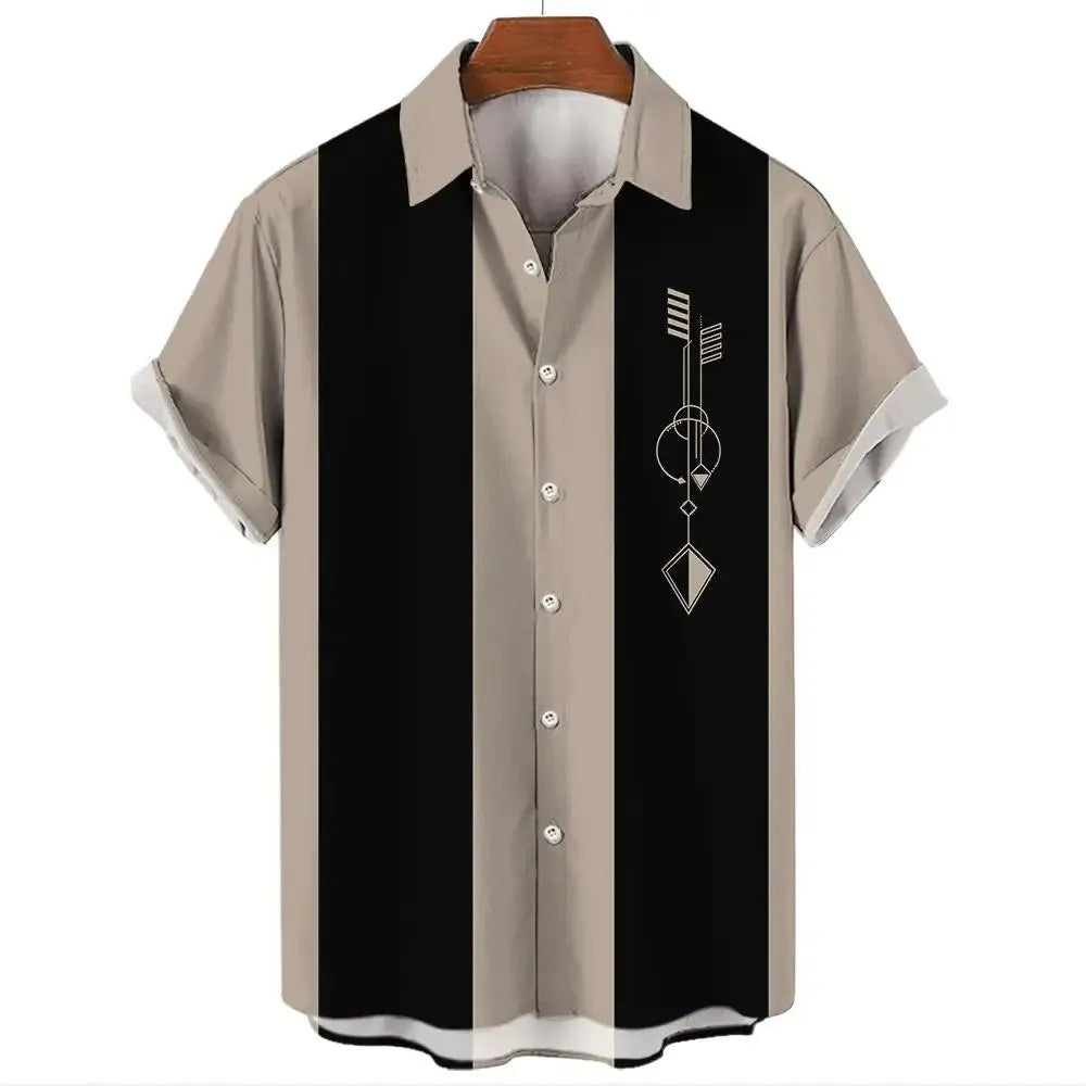 Men's short sleeve striped Hawaiian shirt with cardigan style collar on a mannequin.
