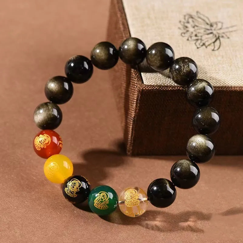Single Circle Five Gods Of Wealth men's obsidian bracelet with rainbow eye and gold obsidian beads