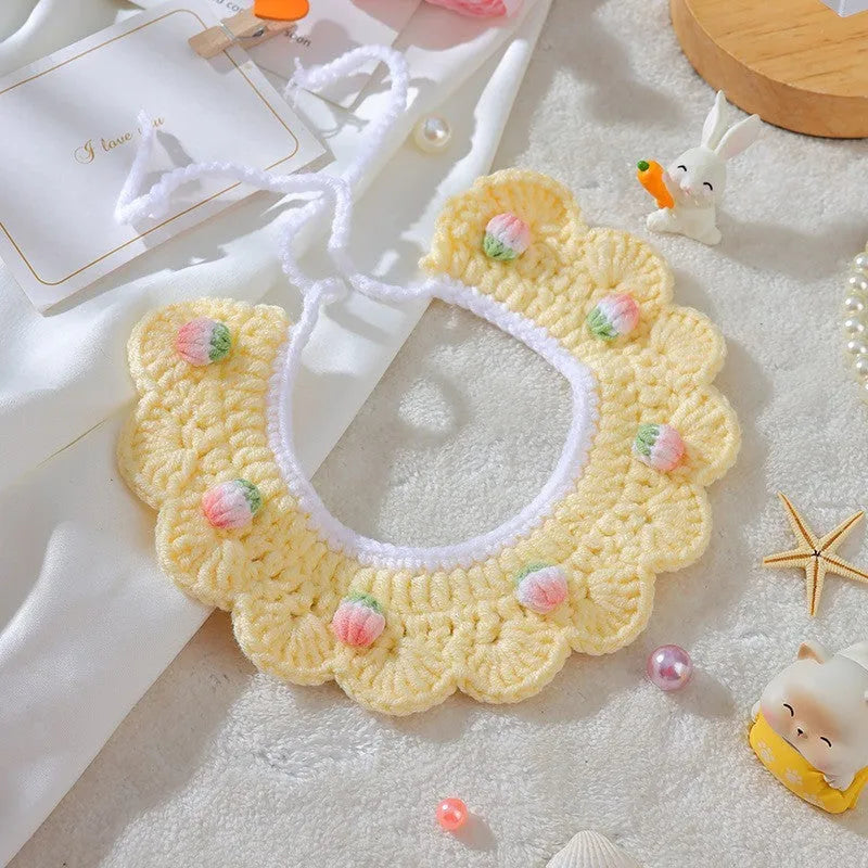 Handmade wool woven collar for British Shorthair kittens with embroidery cartoon design in pink bell bow colour