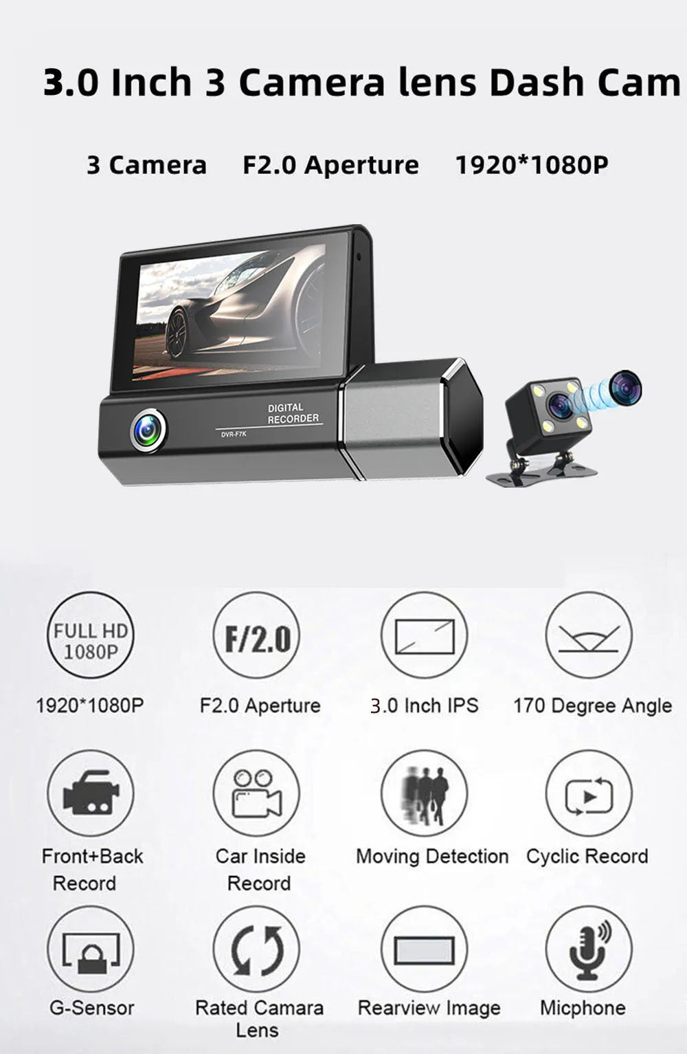 Black three-lens car dash cam with touch screen for 1080p HD vehicle recording