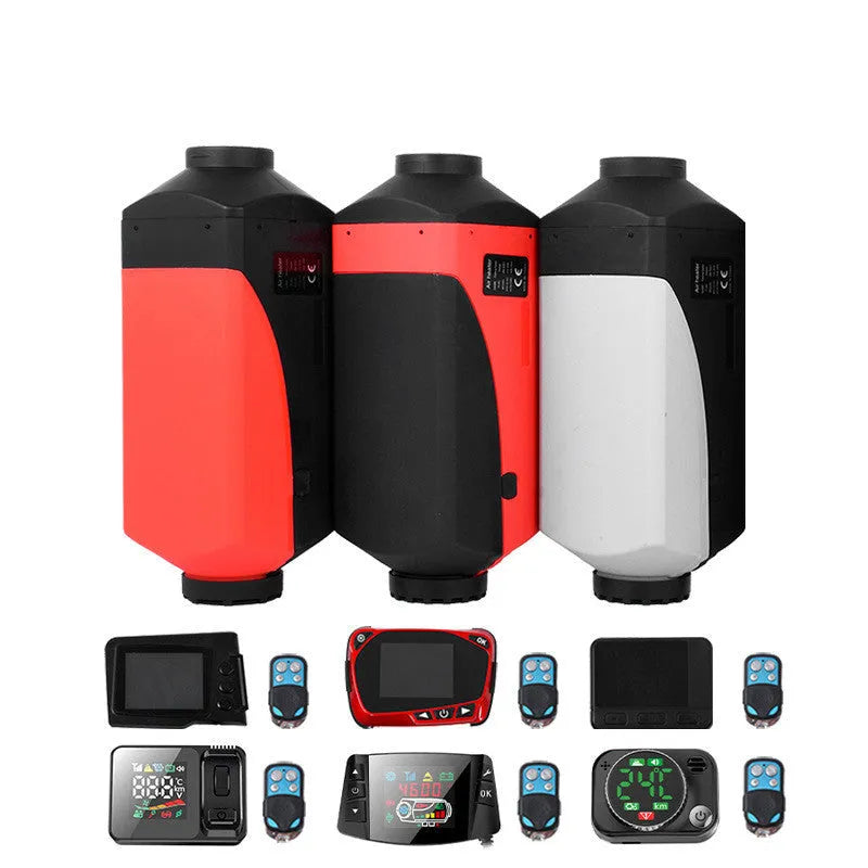 Red and black diesel air heater unit with oil pump, fuel tank, and installation components for vehicle cabin heating.