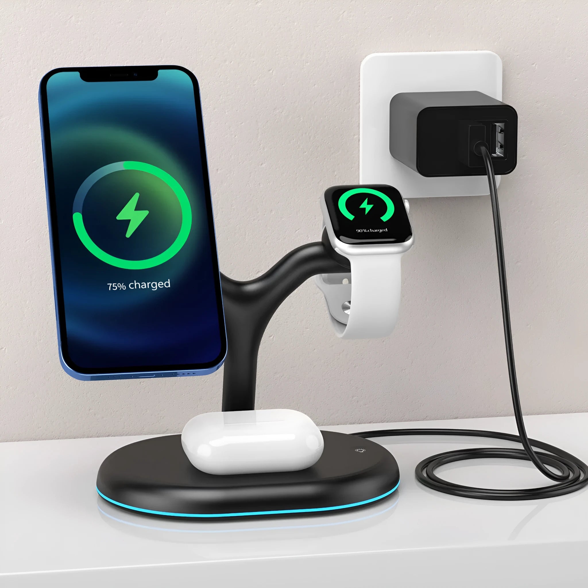 Black multifunctional three-in-one magnetic wireless charger on a desk