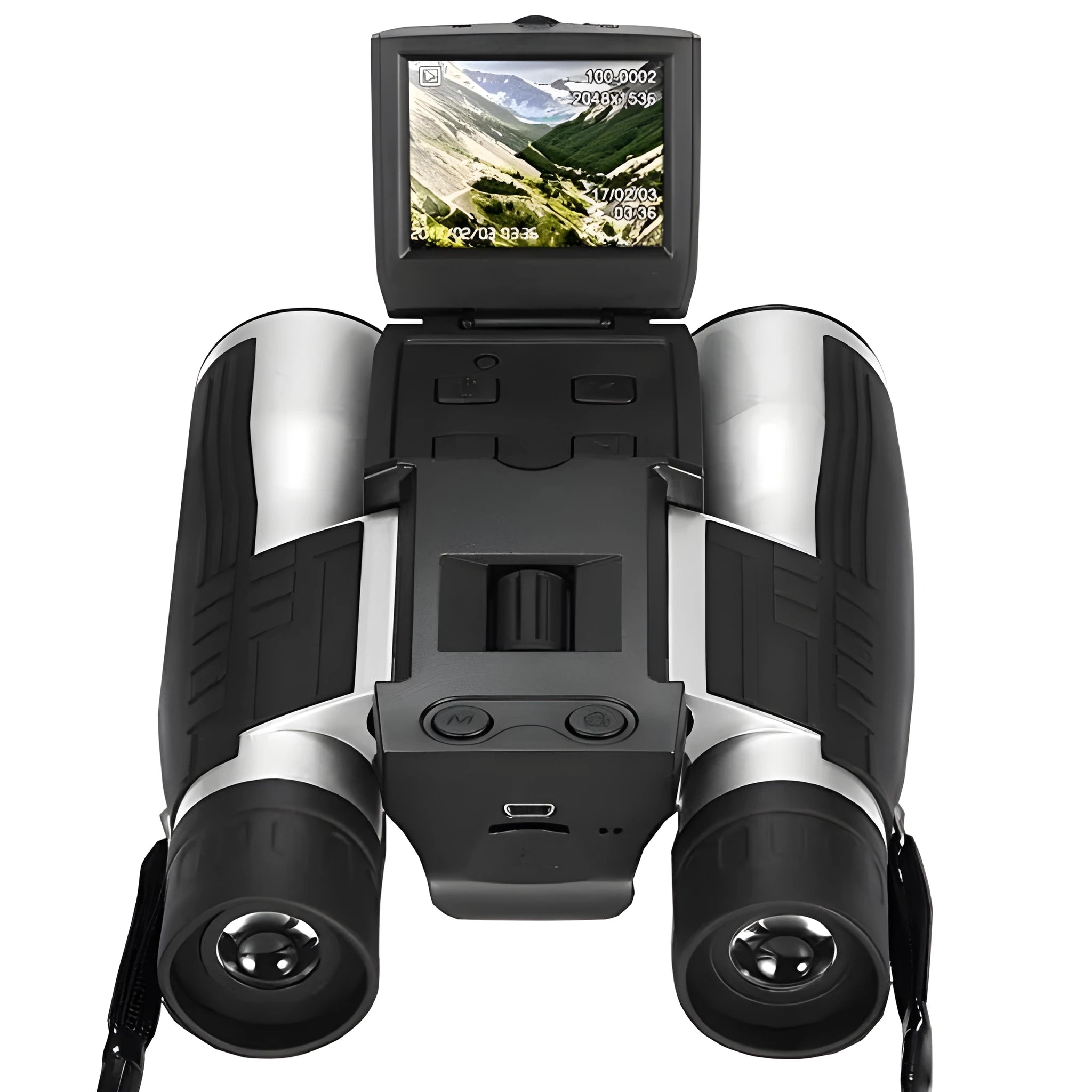 12x32 digital camera binoculars in black with 10x optical zoom, 2.5 inch LCD screen, and nylon waistbag