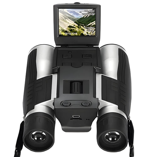 12x32 digital camera binoculars in black with 10x optical zoom, 2.5 inch LCD screen, and nylon waistbag