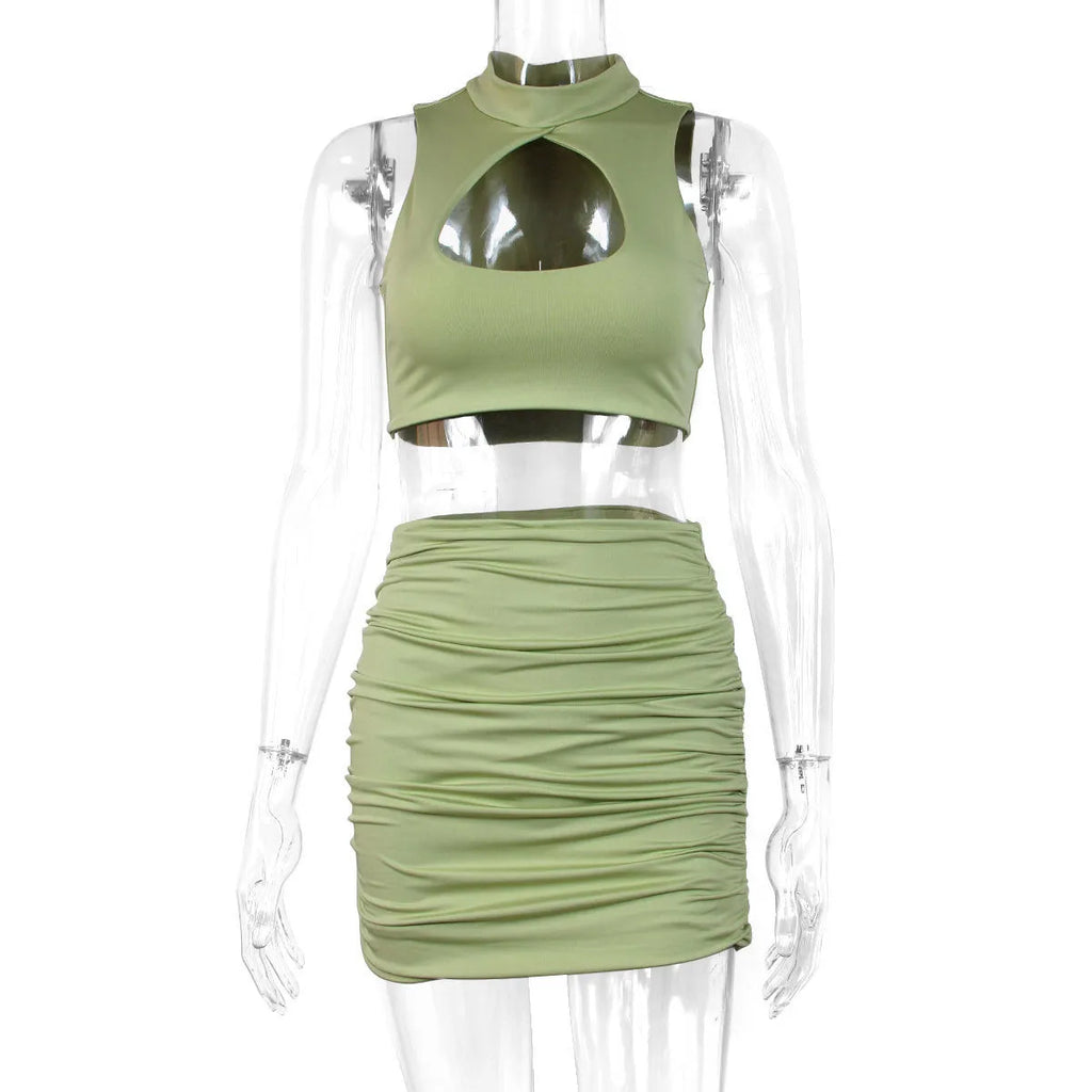 Women's two-piece set with cutout vest and split skirt in light purple elastic polyester fabric