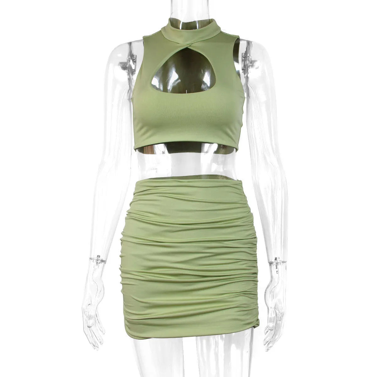Women's two-piece set with cutout vest and split skirt in light purple elastic polyester fabric