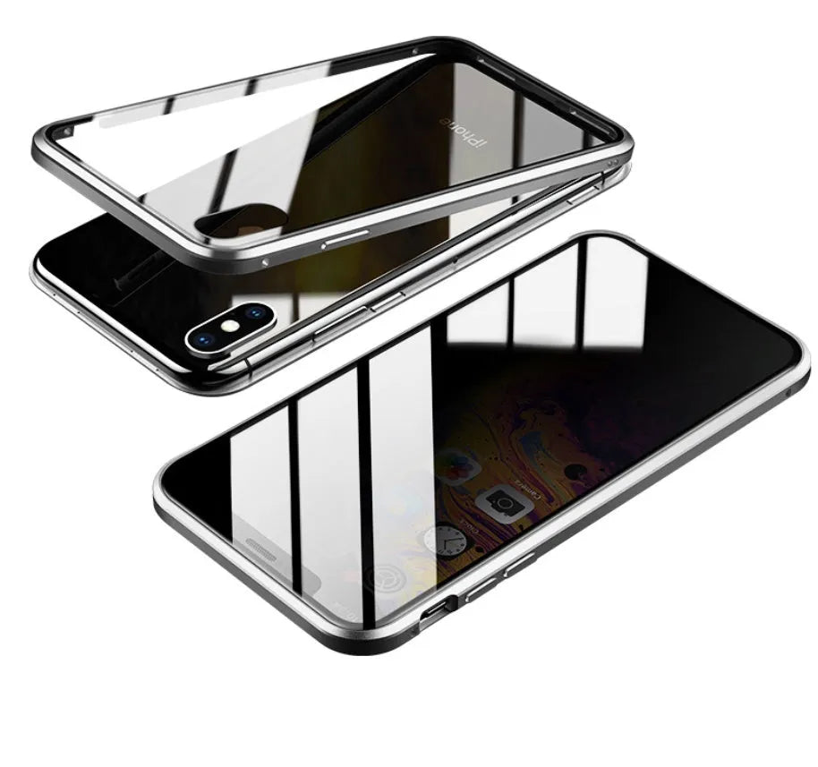 Tempered glass anti-spy phone case for iPhone with geometric pattern in black silver red gold green or blue