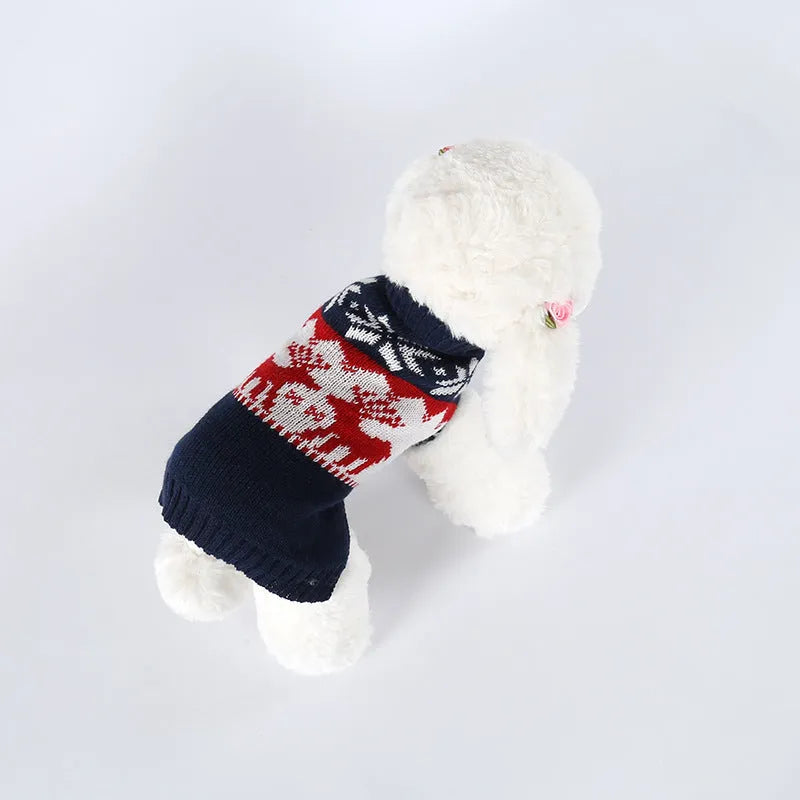 Navy blue knitted Christmas sweater for dogs on a pet mannequin showing front design