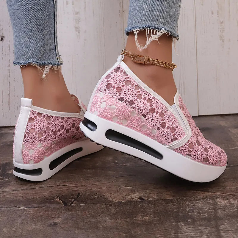 Women's lace mesh flat shoes with inner heightened platform, round toe, satin upper, available in pink and white