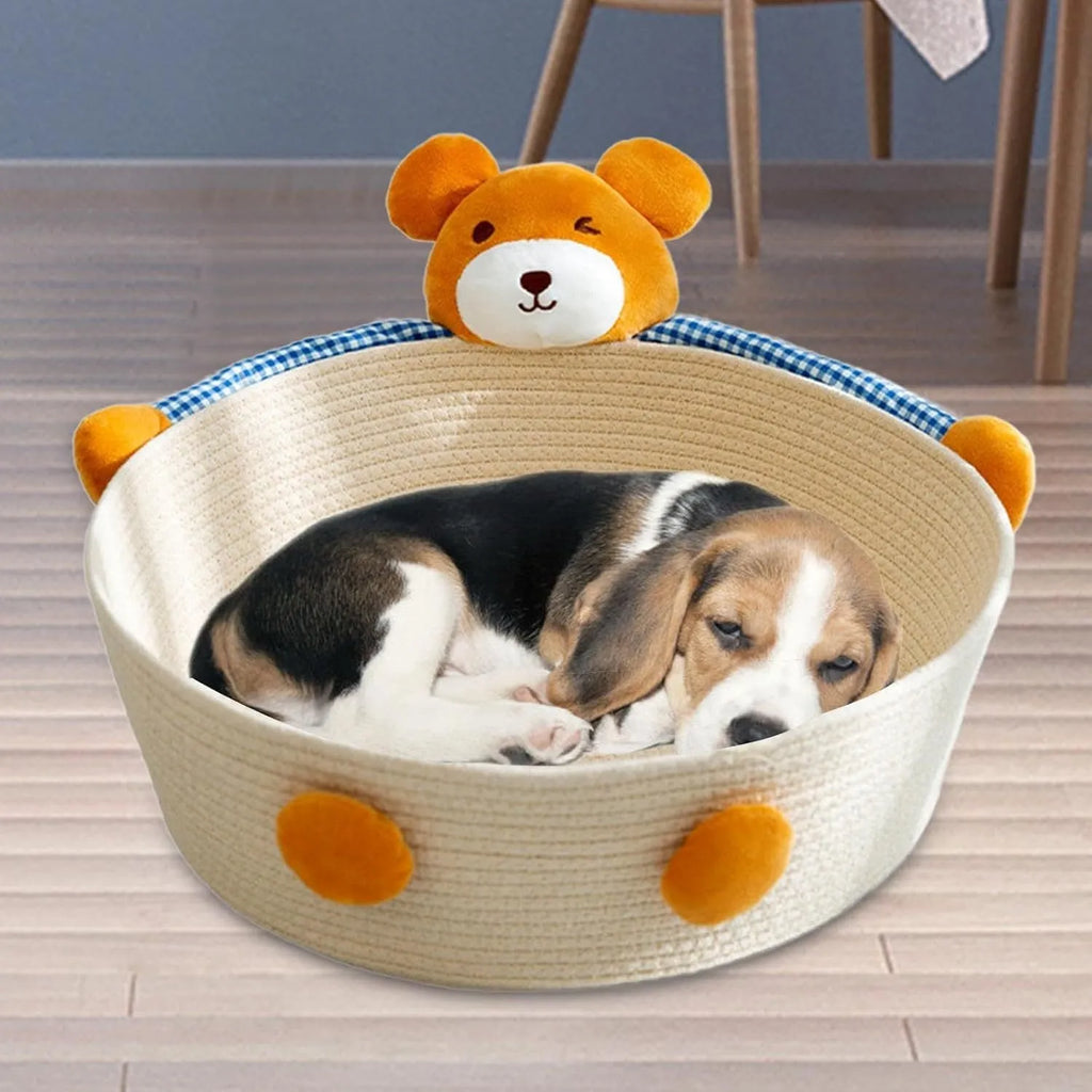 Cotton rope woven cat bed basket with integrated scratching pad in bear design