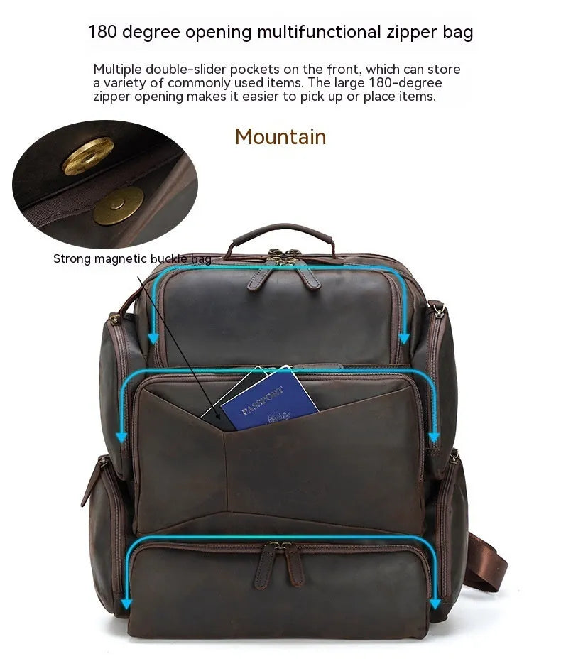Dark brown Retro Crazy Horse leather backpack for a 17-inch laptop, showing internal organiser pockets.