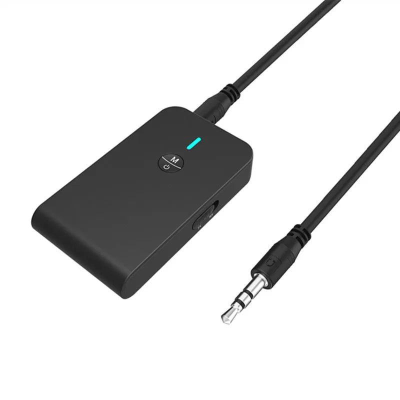 Black Bluetooth audio adapter with 3.5mm AUX plug and external power supply unit
