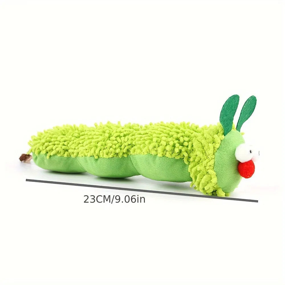Green plush interactive cat toy pillow with electronic vibration and sound features for indoor play