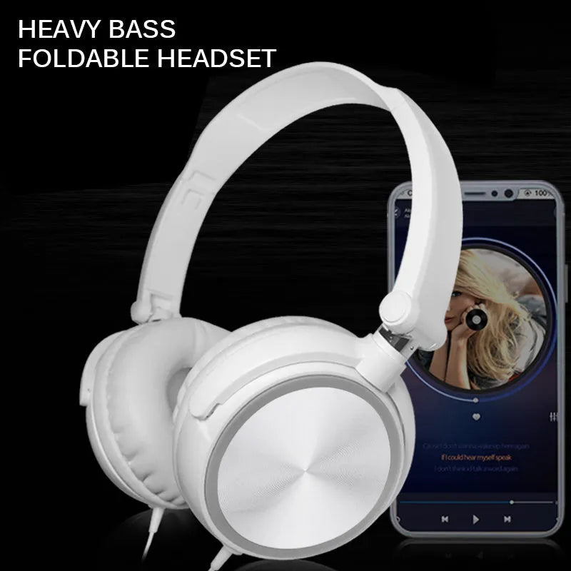 Black folding wired over-ear headphones with adjustable headband and 3.5mm plug on a coiled cable.
